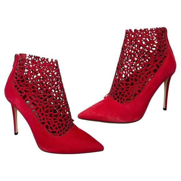 JIMMY CHOO Maurice 100mm Laser Cut Suede Ankle Boots EU 38.5 US 8.5 Red Stiletto - Picture 3 of 13